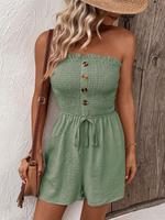 Women's Plain Frill Trim Shirred Ruched Tie Front Bandeau Romper, Boho Fitted Sleeveless Strapless High Waist Jumpsuit for Su...