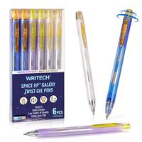 WRITECH Twist Gel Ink Pens Fine Point 0.5mm Black Ink 6ct Low Center of Gravity Silent Click Space Up Gel Galaxy