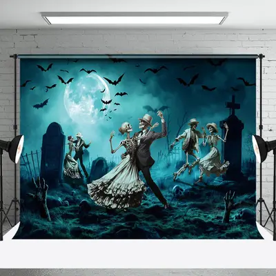 Aperturee Blue Sky Night Skeleton Grave Halloween Backdrop - Aperturee