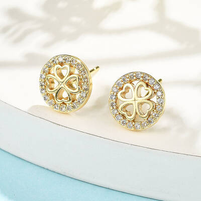 Flat Round with Clover Brass Micro Pave Clear Cubic Zirconia Stud Earrings