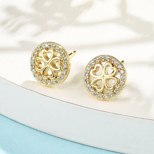 Flat Round with Clover Brass Micro Pave Clear Cubic Zirconia Stud Earrings