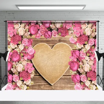 Wooden Heart Pink White Rose Valentines Day Backdrop - Aperturee