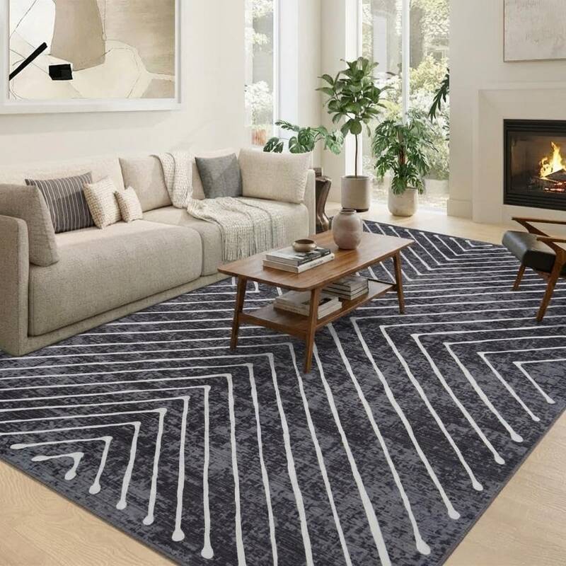Garvee Washable Rug 8x10 Large Striped Accent Non-Slip Stain-Resistant Polyester Foldable Indoor Carpet Dark Gray for Living ...