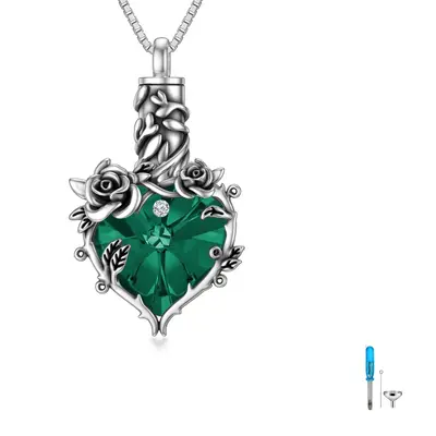Sterling Silver Oxidized Emerald Crystal Rose & Heart Urn Necklace For Ashes Cremation Memorial Jewelry
