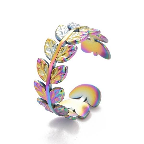Ion Plating(IP) Rainbow Color 304 Stainless Steel Leaf Wrap Open Cuff Ring for Women