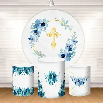 Aperturee Blue Floral White Round Backdrop Kit For Baptism | Circle Party Backdrop | Round Backdrop Fabric Cover | Round Back...