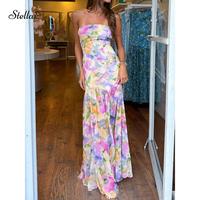 Women's Summer Floral Off Shoulder A-line Maxi Tube Dress Mesh Patchwork Colorful Long Party Dress, Wedding Guest Dress
