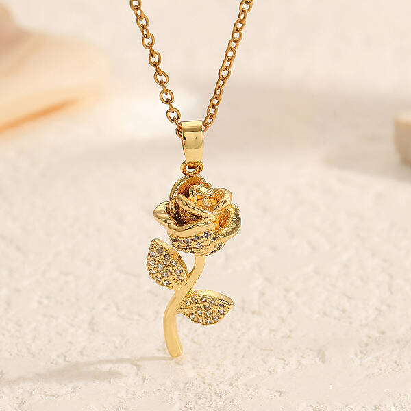 Elegant Brass Crystal Rhinestone Rose Pendant Necklaces