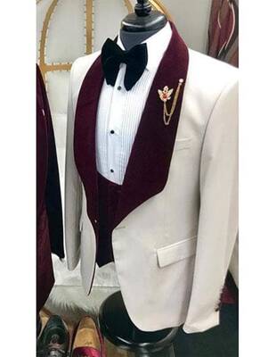 White and Burgundy Tuxedo - 1 Button Tuxedo Floral Pattern