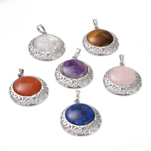 Mixed Gemstone Pendants with Hollow Platinum Brass Findings