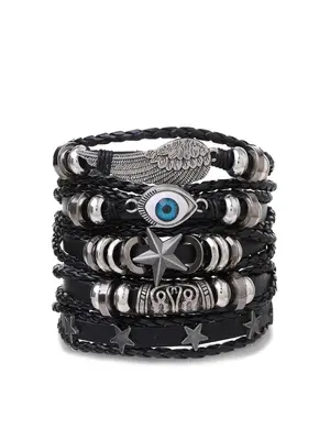Unisex Punk Style Star & Eye Design Braid Bracelet Set, 5pcs Adjustable Drawstring Pu Leather Feather Design Bracelet, Fashio...