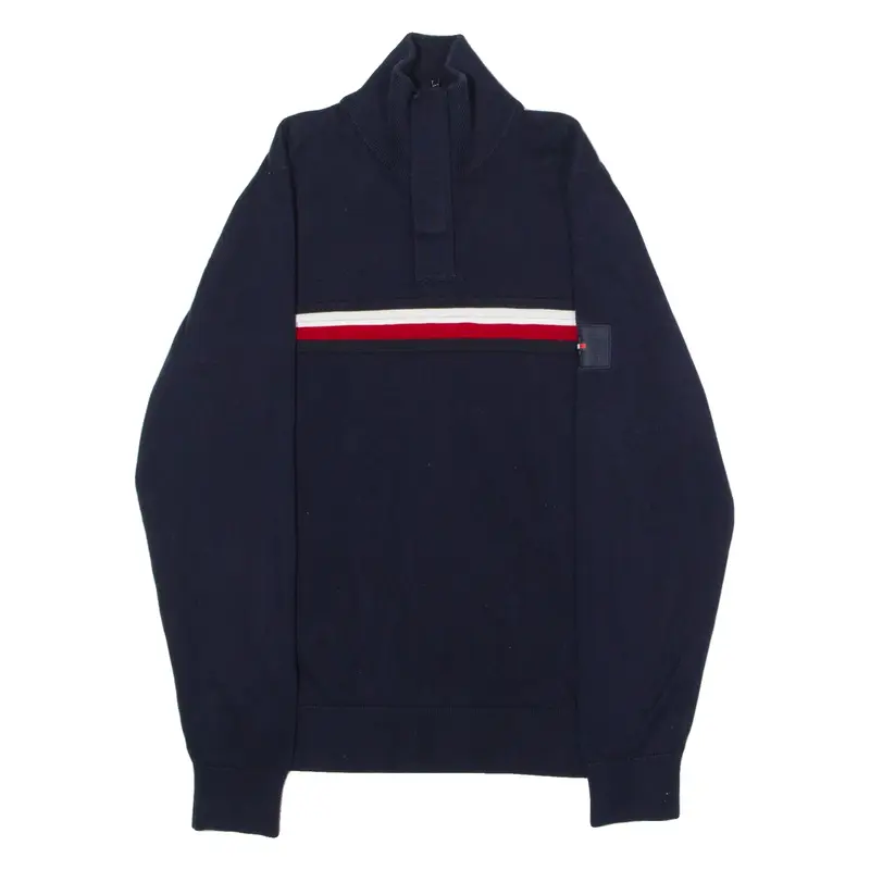 TOMMY HILFIGER TH FLEX Mens Patterned Jumper Blue Striped 1/4 Zip Tight Knit 2XL