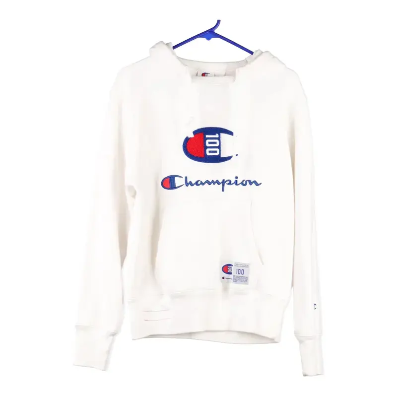 Champion Spellout Hoodie - Small White Cotton Blend
