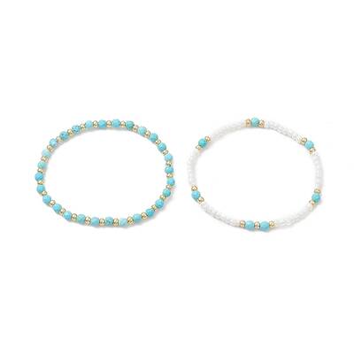 2Pcs 2 Style Natural Howlite & Glass Seed Round Beaded Stretch Bracelets Set for Women