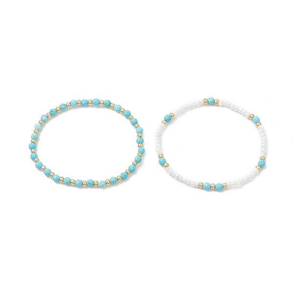 2Pcs 2 Style Natural Howlite & Glass Seed Round Beaded Stretch Bracelets Set for Women