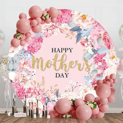 Pink Floral Leaves Gold Round Mothers Day Backdrop - Aperturee