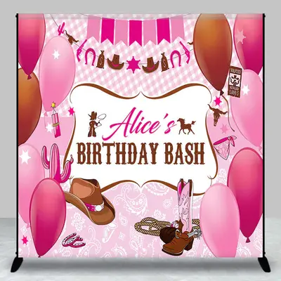 Aperturee Custom Name Pink Balloons Cowgirl Birthday Backdrop - Aperturee