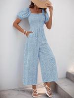Women's Ditsy Floral Print Jumpsuit, Boho Casual Shortsleeve Jumpsuit for Beach Vacation Holiday, Ladies Summer Clothes, Bohe...
