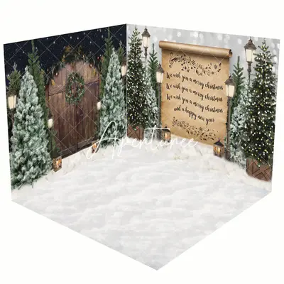 Aperturee Retro Song Wood Door Snow Christmas Room Set Backdrop - Aperturee