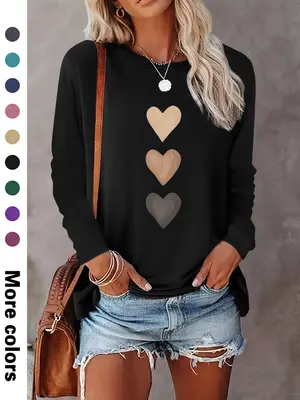 Women's Heart Print Round Neck T-shirt, Casual Long Sleeve Crew Neck T-shirt for Spring & Fall, Fashion Women's Top for Daily...