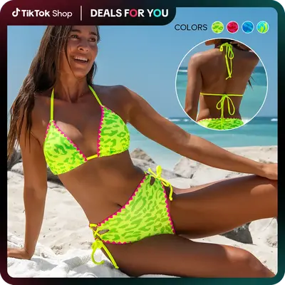 Popvil Halter Lace-up Leopard Triangle Bikini Set,Tummy Control High Waisted Neon Swimsuit for Women, Neon Bathing Suit,deals...