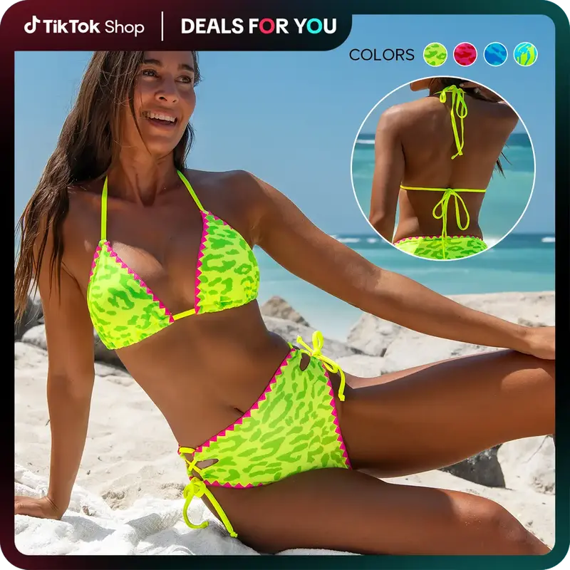 Popvil Halter Lace-up Leopard Triangle Bikini Set,Tummy Control High Waisted Neon Swimsuit for Women, Neon Bathing Suit,deals...