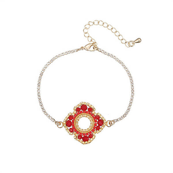 Glass Seed Beaded Flower Link Bracelet with Golden Stainless Steel Chains