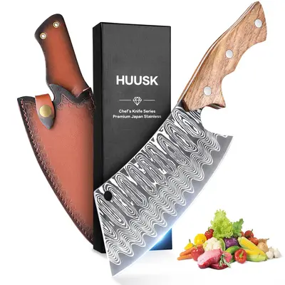 Huusk Knives Hand Forged Meat Cleaver – Japanese Knife with Sheath, Butcher Knife for Meat & Vegetables, Ideal for Kitchen,...