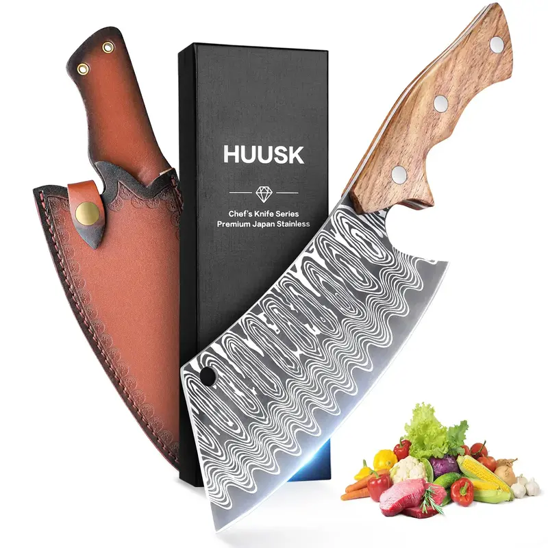 Huusk Knives Hand Forged Meat Cleaver – Japanese Knife with Sheath, Butcher Knife for Meat & Vegetables, Ideal for Kitchen,...