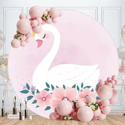 Aperturee White Swan Round Pink Floral Baby Shower Backdrop