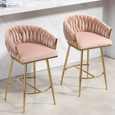 【Bellemave】2 chairs26'' Counter height bar stools velvet kitchen island counter bar stool with hand- wave back,golden chr...