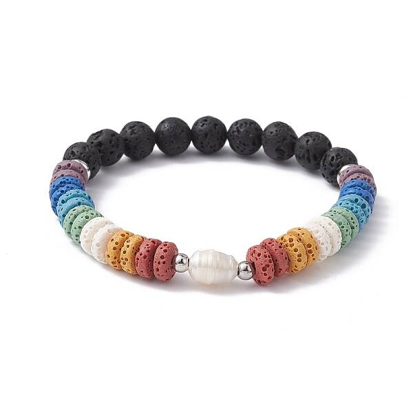Dyed Natural Lava Rock & Pearl Beaded Strtch Bracelet