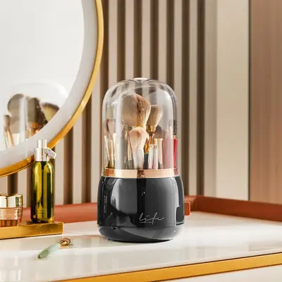 Makeup Brush Storage Box, 1 Count 360 Rotating Dust-proof Makeup Brush Holder Organizer with Lid for Dresser for Bedroom, Van...