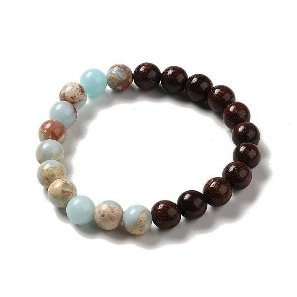 8.5mm Round Sandalwood and Synthetic Shoushan Stone Beaded Stretch Bracelets