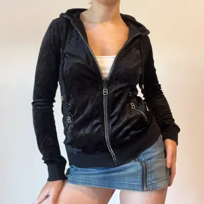 Velour Bcbg Maxazria Spellout Hoodie - Small Black Viscose Blend