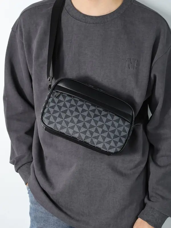 Men's Geometric Pattern Crossbody Bag As Gift, Summer Plaid Texture Printed Shoulder Bag with Adjustable Shoulder Strap, Spor...