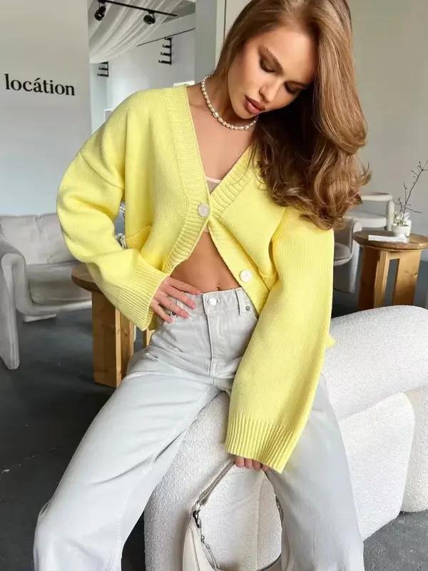 V-Neck Pocket Women's Long Sleeve Knit Sweater Open Front Cardigan Button Loose Outerwear