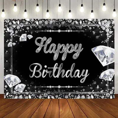 Aperturee Fancy Black Silver Diamond Happy Birthday Backdrop