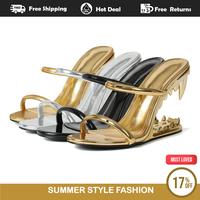 Morso Summer Sandals for Womens Open Round Toe Metalic Tiger Teeth Summer Mule Heels for Women Slip on Elegant Hollow-Shaped ...
