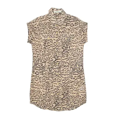 REISS Sheer Oversized Shirt Dress Beige Animal Print Silk Short Sleeve Knee Length Womens UK 6