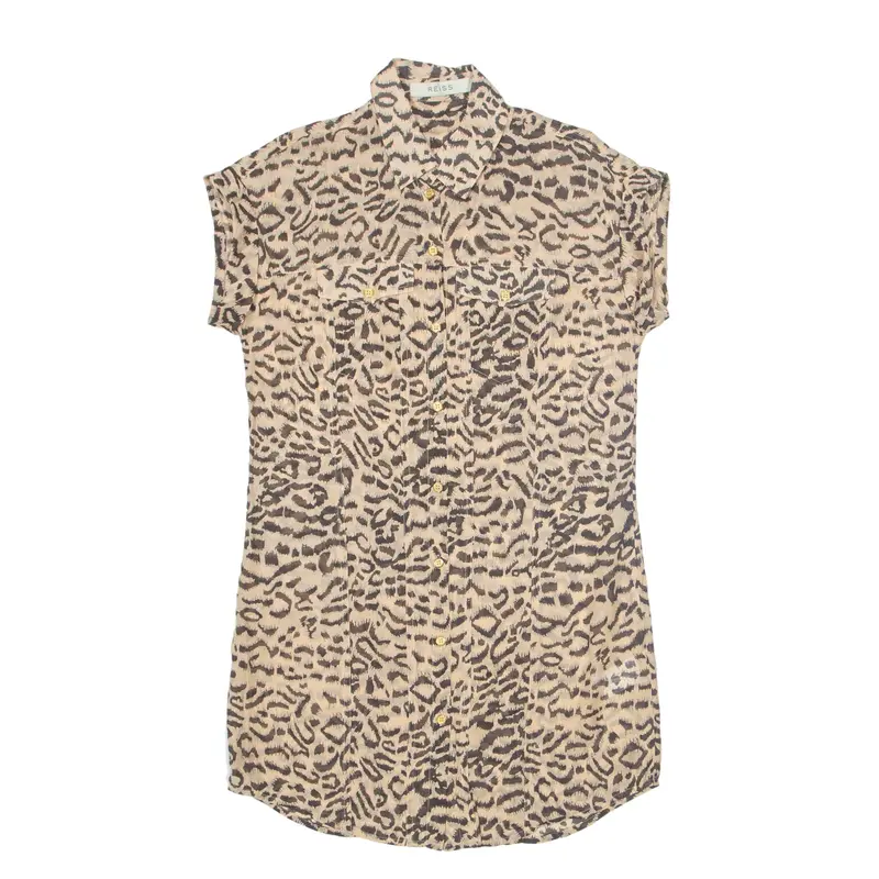 REISS Sheer Oversized Shirt Dress Beige Animal Print Silk Short Sleeve Knee Length Womens UK 6