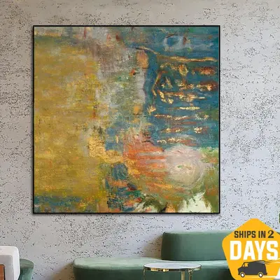 Large Abstract Painting on Canvas Green Painting Gold Leaf Artwork Vibrant Wall Art Abstract Impressionism Painting Hand Pain...