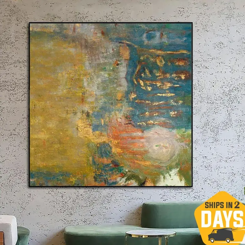 Large Abstract Painting on Canvas Green Painting Gold Leaf Artwork Vibrant Wall Art Abstract Impressionism Painting Hand Pain...