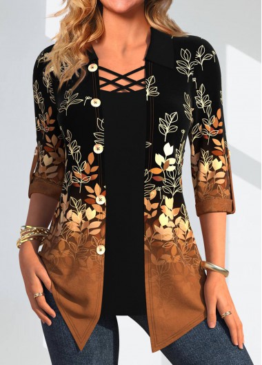 Modlily Dark Camel Leaf Print Fake Two Piece Twinset - XL