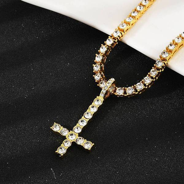 Alloy Full Crystal Rhinestone Inverted Cross Pendant Necklaces