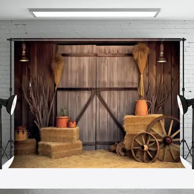 Stacked Hay Retro Brown Wooden Barn Door Backdrop - Aperturee