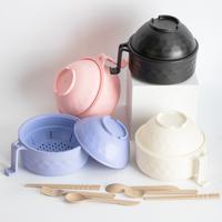 4-piece microwave ramen bowl set ramen bowl with handle with spoon chopsticks fork picnic (beige black pink purple) tableware...