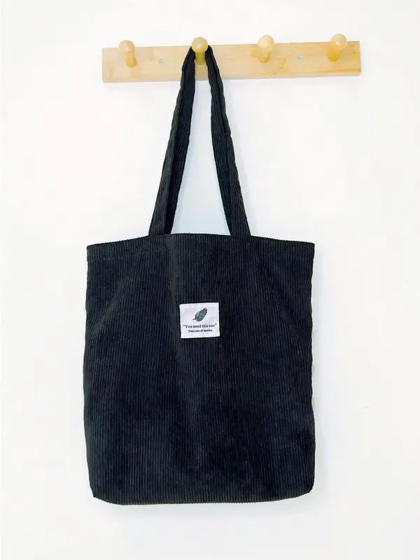 Women's Minimalist Casual Plain Letter Label Decor Corduroy Tote Bag, Trendy Large Capacity Everything Tote Bag, Stylish Ever...