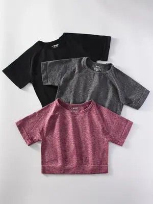 Women's Solid Raglan Sleeve Sports Tee, Gym Tops, Compression Shirts, Back To School Outfits, Casual Short Sleeve Round Neck ...