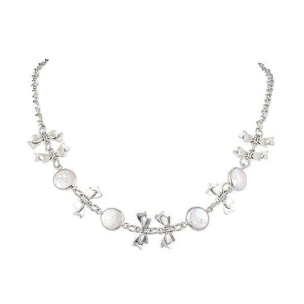 Flat Round Pearl with Bowknot Alloy Link Necklaces